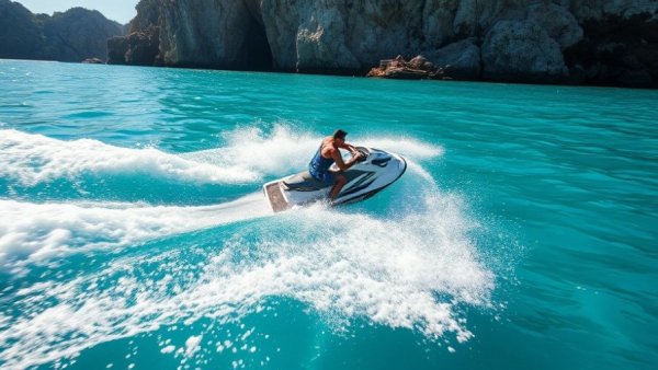 Jet Skiing in Venice Florida Inlet: man speeding through waves
