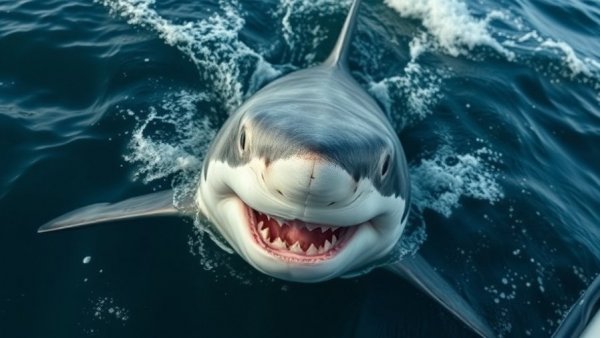 Great white shark ripple near boat on ocean surface.