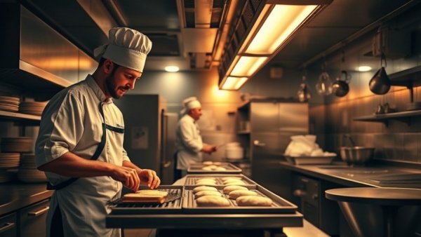 Chefs in an industrial kitchen working late at night.