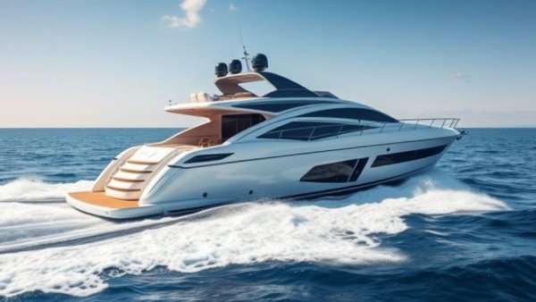 Luxurious yacht cruising in Florida inlet, bright daytime.