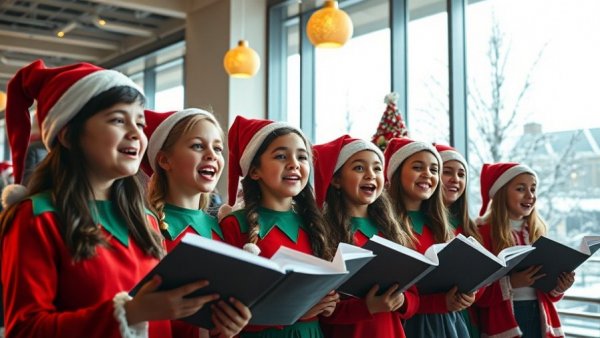 Pensacola Children's Chorus spreading Christmas cheer in festive elf costumes indoors.