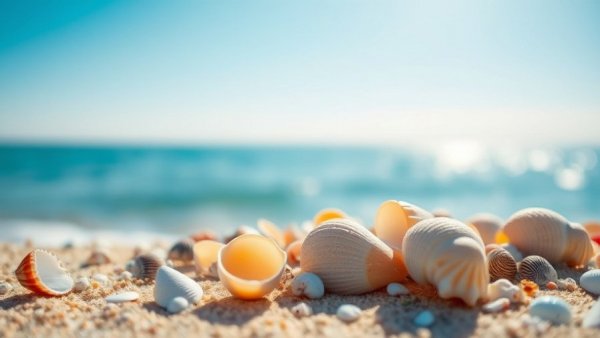 Gulf Shores beaches with seashells on sandy shore under bright sun.