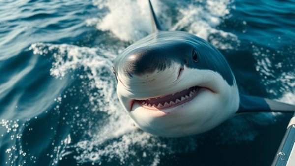 Great white shark and water ripples near a boat.