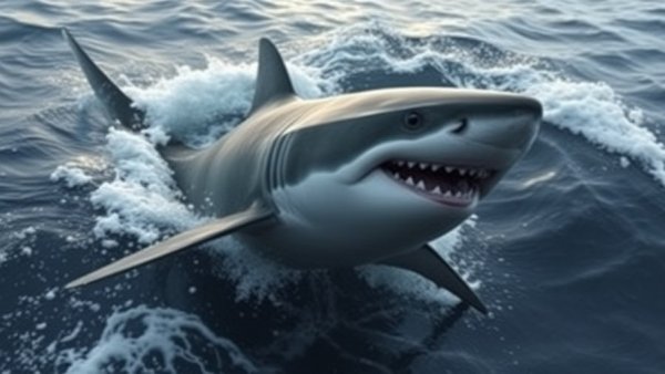 Great white shark swimming amid ocean ripples.