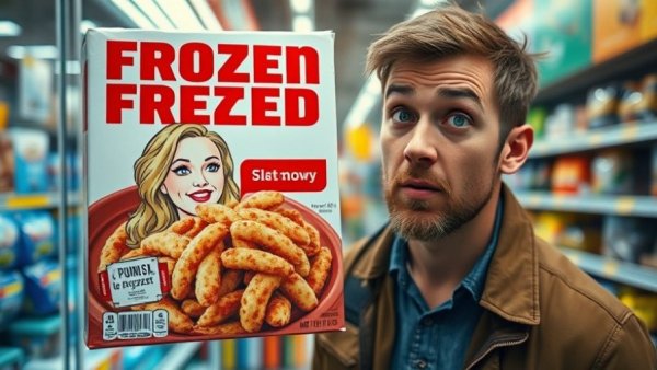 Humorous reaction to Dolly Parton's frozen meal package, bold design.