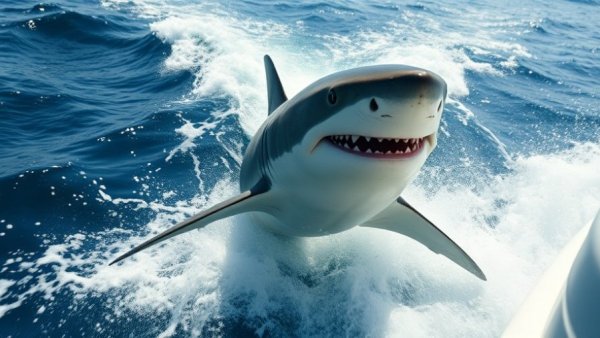 Large shark swimming near a boat in choppy ocean waters.