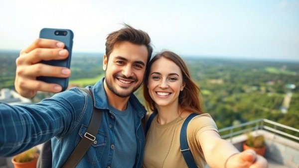 Couple enjoying a casual moment on a rooftop with a vast landscape.