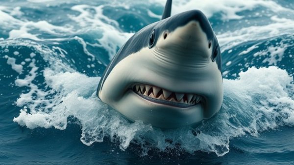 Close-up of great white shark near boat in ocean ripples