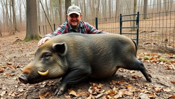Man with wild hog in forested area, invasive wild hogs backdrop.