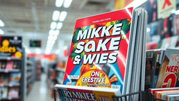 Magazine stand with a vibrant cover, indoor store setting.