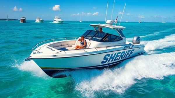 Florida boating scene with sheriff boat on clear waters.