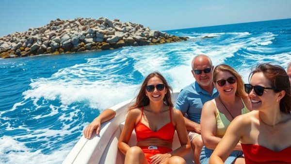 Group enjoying Florida boating on a sunny day near rocky shore.