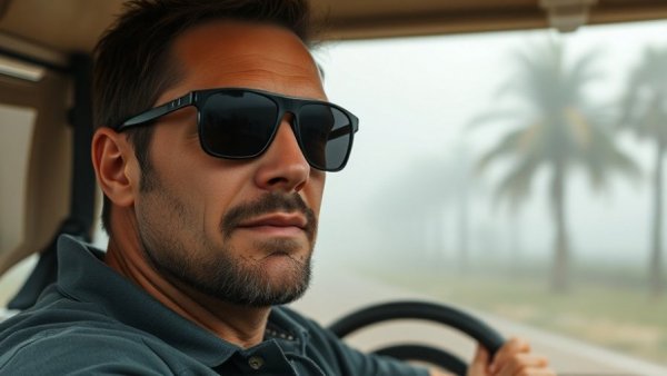 Man in sunglasses enjoying a foggy coastal getaway.