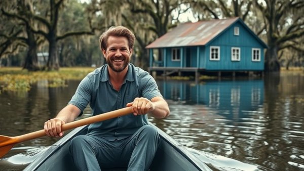 Man paddling a canoe in gator country, blue house in background.