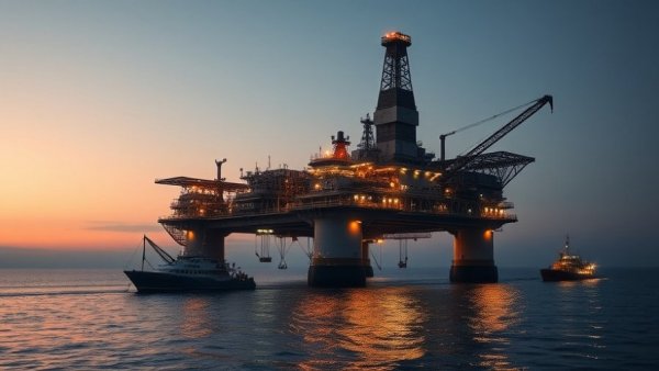 Norphlet Oil Discovery: Illuminated offshore oil rig at dusk.