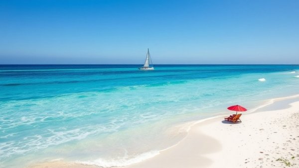 Relaxing scene at Alabama beaches with a sailboat and red umbrella.
