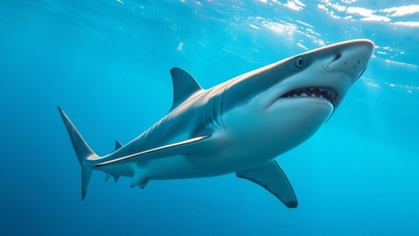 Great white shark sighting in Tampa Bay, swimming underwater.