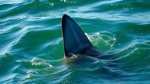 Shark fin slicing through green ocean waters, calm sea reflections.