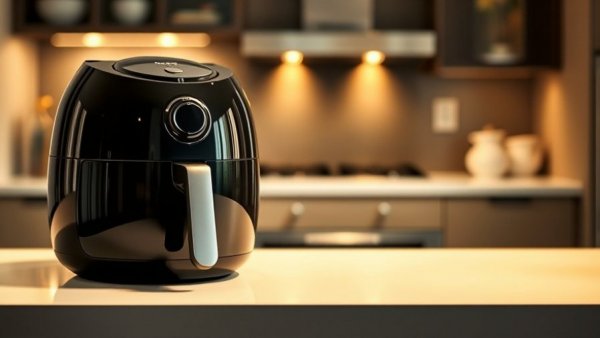 Modern black air fryer reflecting kitchen lights on counter.
