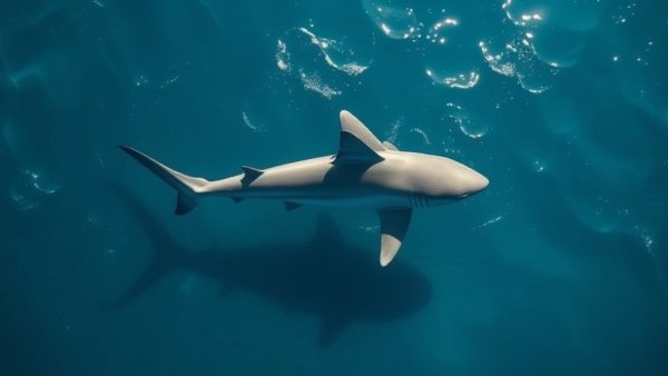 Great white shark sighting in clear ocean waters, casting shadow.