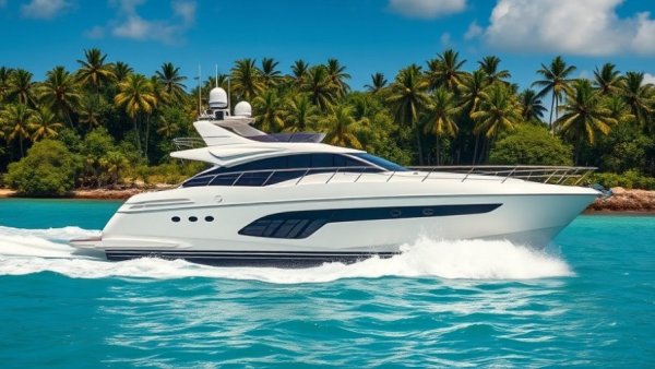 Luxury yacht gliding through turquoise waters near a tropical shore.