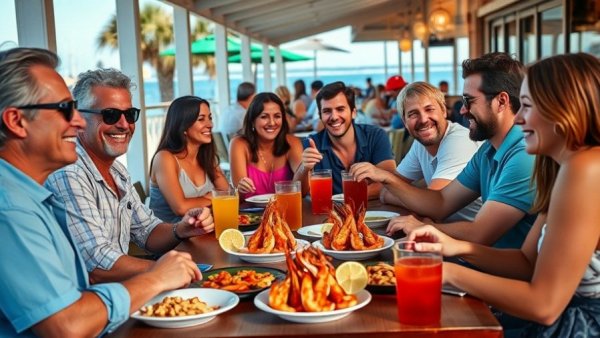 Enjoying fresh Gulf shrimp Alabama at a beachfront restaurant.