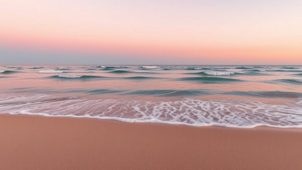 Serene waves on Alabama beach, gentle pastel sunset.