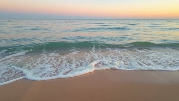 Tranquil Alabama beach sunset with gentle waves.