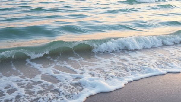 Serene beach waves at sunrise, related to the ocean environment.