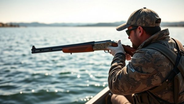 Hunter aiming shotgun while hunting giant swamp rats on a lake.