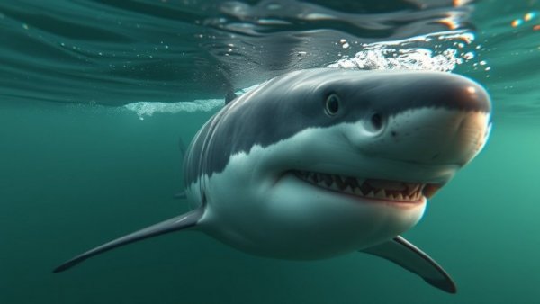Great white shark swimming underwater, shark attack SEO.