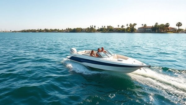 Motorboat cruising through Venice Florida inlet with blue water.