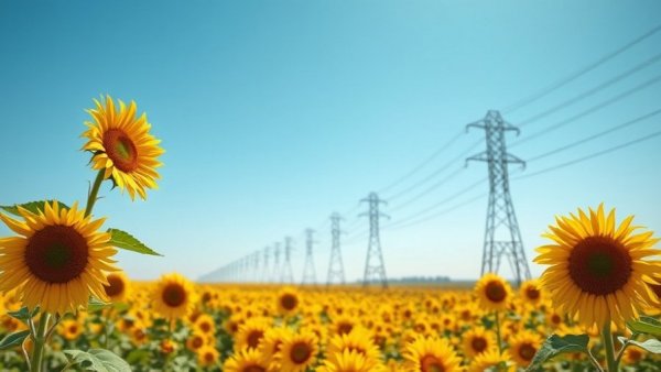 Vast sunflower field under electrical towers representing energy.