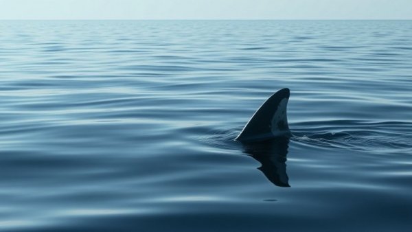 Shark fin slicing through calm ocean waters under clear sky.