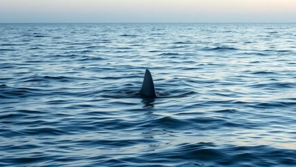 Shark tracking scene depicting a shark fin in a calm ocean.
