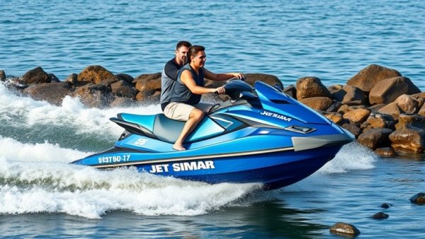 Two friends jet skiing at Venice Florida Jetty with rocky coast.