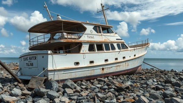 Abandoned yacht on Texas coast, leaning on rocky shore.
