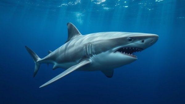 Majestic great white shark in Gulf Coast waters, gliding serenely.
