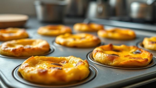 Freshly baked quiche bites cooling in a muffin tin.