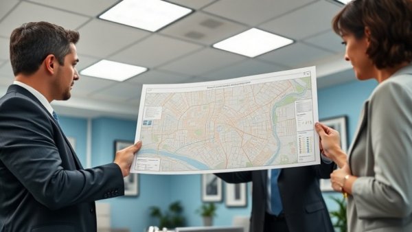 Business professional presenting city map for hurricane recovery funds in Pensacola.