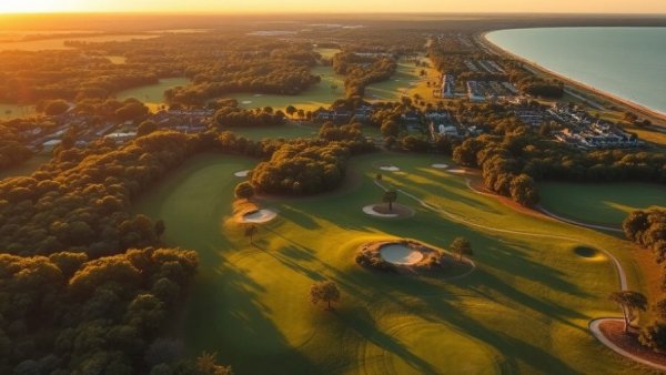Aerial view of Alabama golf course near Gulf Coast beaches at sunset.