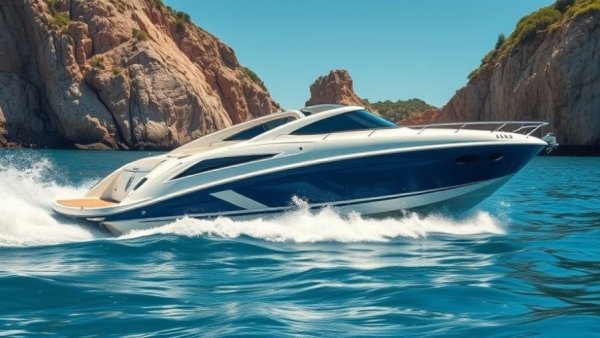 Full Send Through the Cut: speedboat racing past rocky cliffs in bright light.