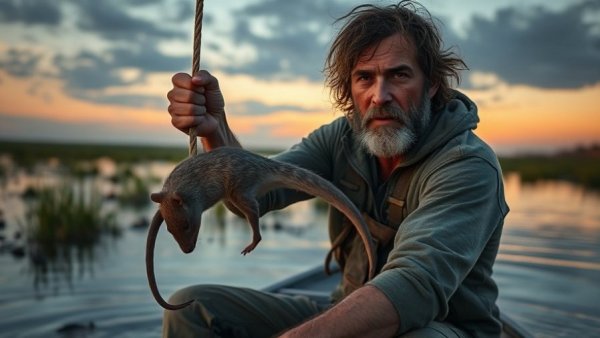 Invasive nutria rat held over water, impact on fishing.