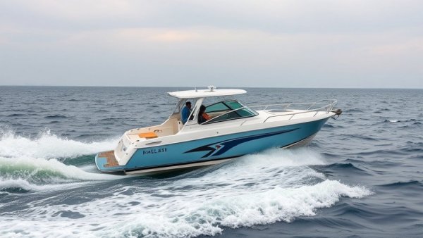 Boat speeding out to the Gulf of America with people, waves splashing.