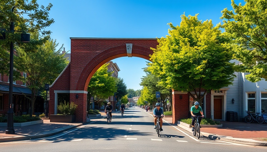 Foley downtown growth captured in a photorealistic scene of cyclists at a brick entrance.