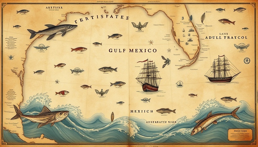Vintage map depicting Gulf of Mexico's hidden histories with nautical illustrations.