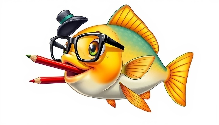Cartoon fish press journalist with hat and pencils, shark tale theme.