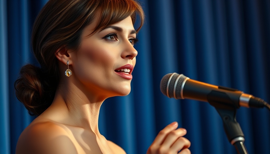 Elegant woman addresses audience, vibrant blue background.