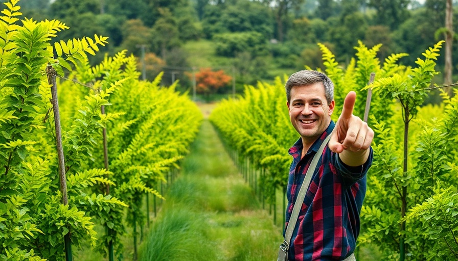 Man pointing on a plantation with greenery and text overlay.