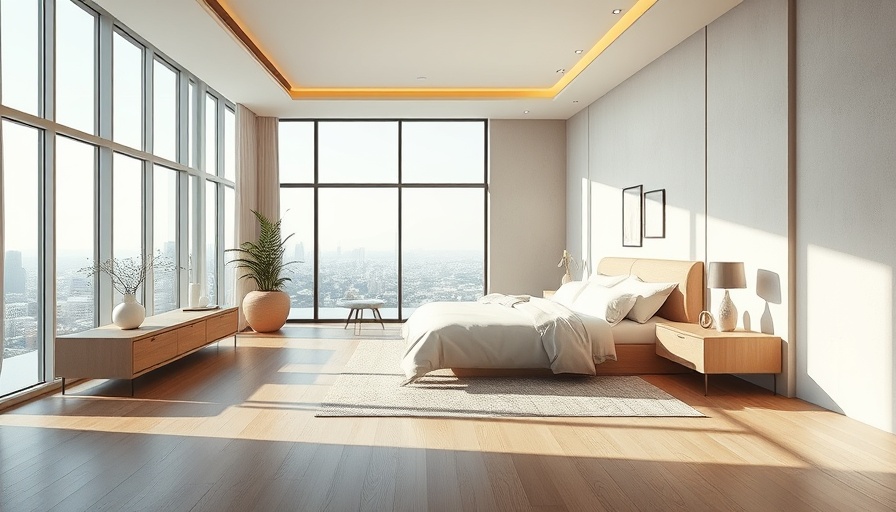 Minimalist luxury bedroom in luxury homes, featuring large windows.